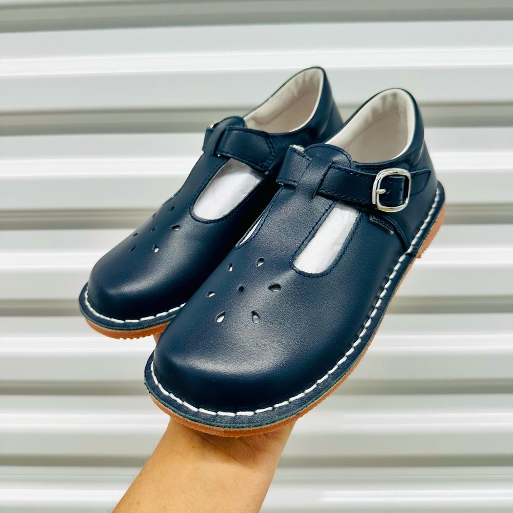 L'Amour Joy Navy T‑Bar Leather Kids Shoes with Buckle - NEW - Picture 4 of 6
